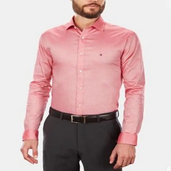 Tommy Hilfiger Men's Classic/Regular Fit Stretch Solid Dress Shirt,Cherry - Picture 3 of 11
